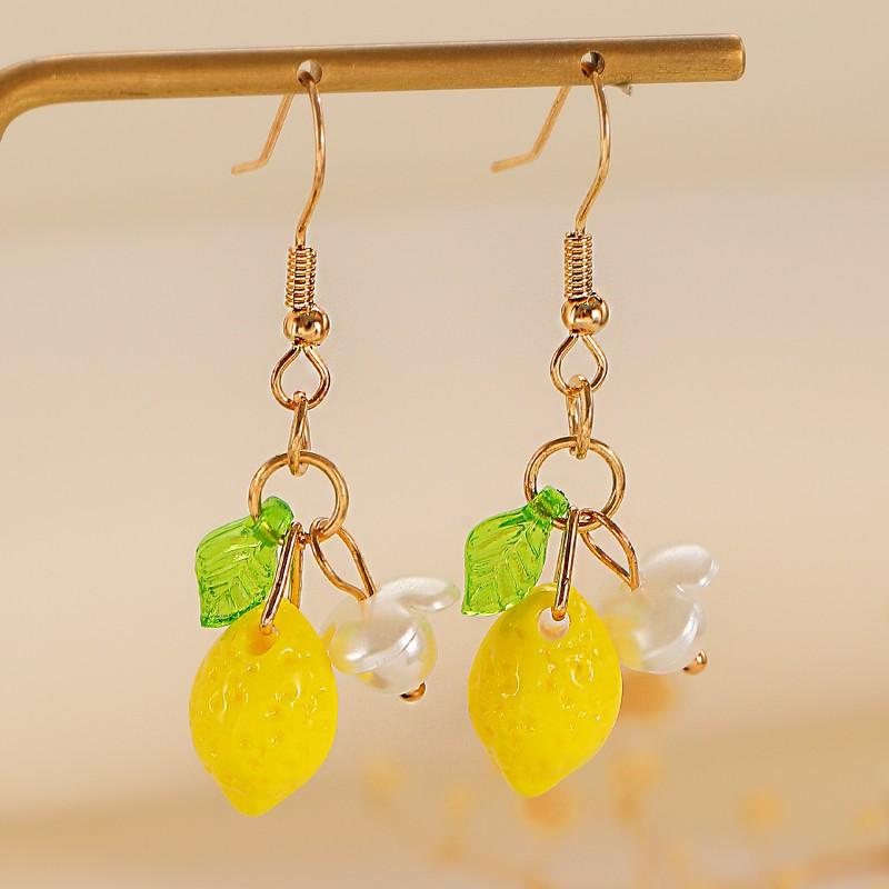 Yellow Lemon Flower Earrings Necklace Set Women Fresh Fruit Jewelry Style Resin Drop