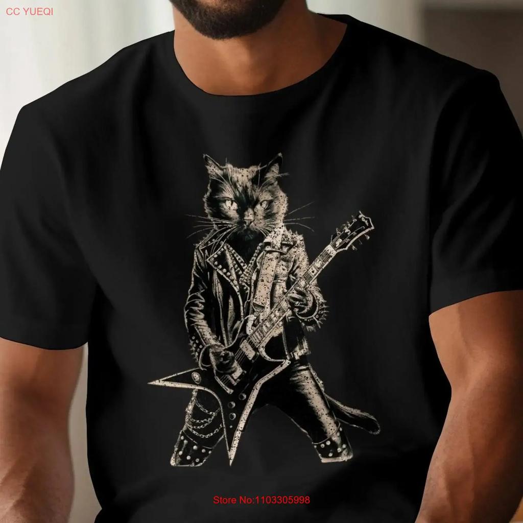 Rockster Kat T-shirt Cool Gitaar Spelend Muziekliefhebbers Katachtige Rocker Unieke Liefhebber Vintage Grafisch Uitgerekt Man