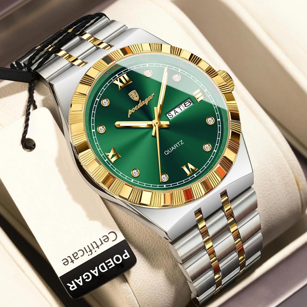 POEDAGAR Luxury Business Male Watch Waterproof Luminous Week Date Wristwatch Stainless Steel Trendy Quartz Watches for Men