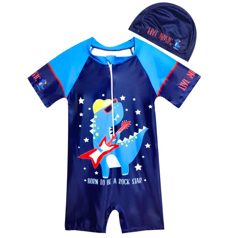 Children's Boys' One-Piece Short-Sleeve Swimsuit: Medium & Large, Quick-Dry, UV Protection