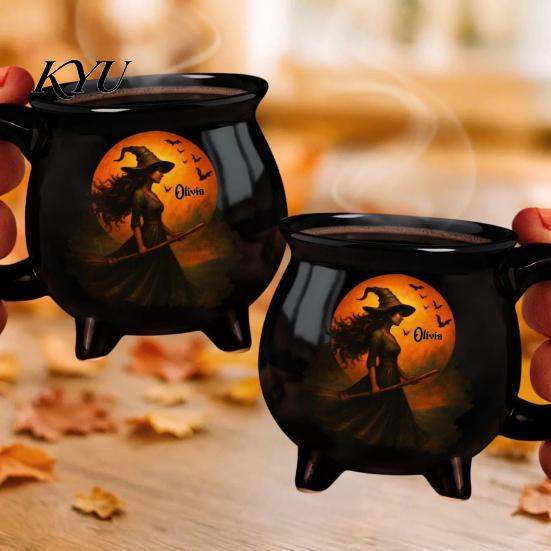 Široké ucho Stabilní základna Čarodějnický hrnek na kávu s designem třínožkového kotlíku, Protiskluzový keramický Novinka Party Favors Halloween Hrneček, Objem 370 ml