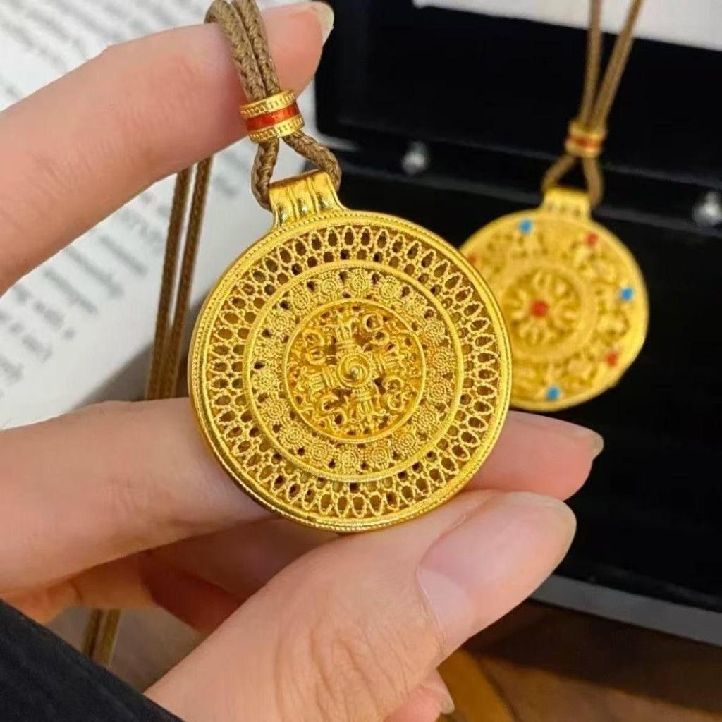 Gold-Plated Enamel Vajra Treasures Compass Amulet Necklace - Women's Good Luck Accessory