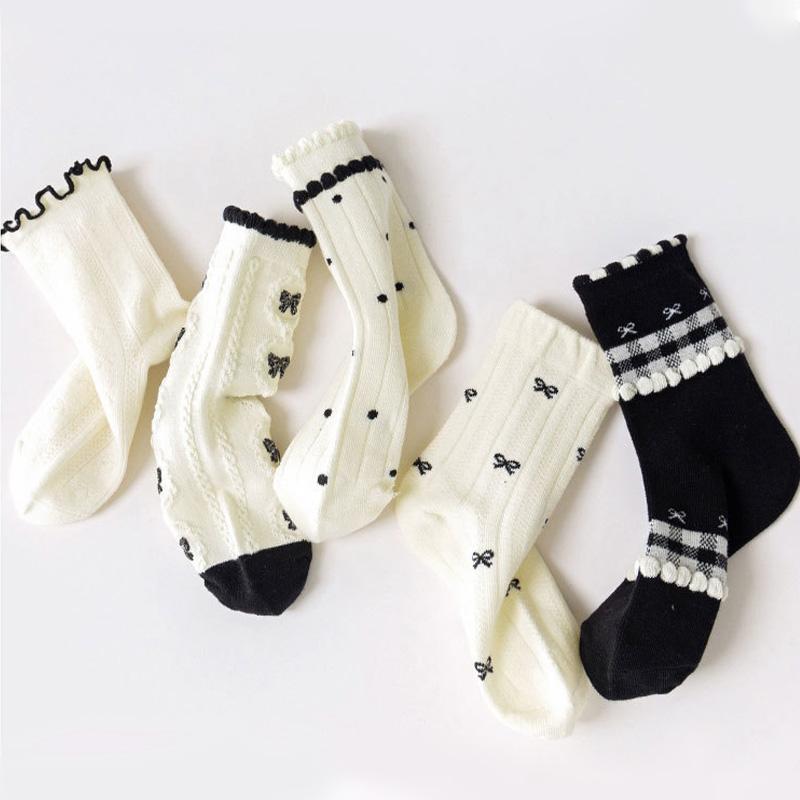 5Pairs/Set Korean Bow Baby Girl Socks Sweet Plaid Dot Print Toddler Princess Socks Summer Thin Breathable Kids Middle Tube Socks
