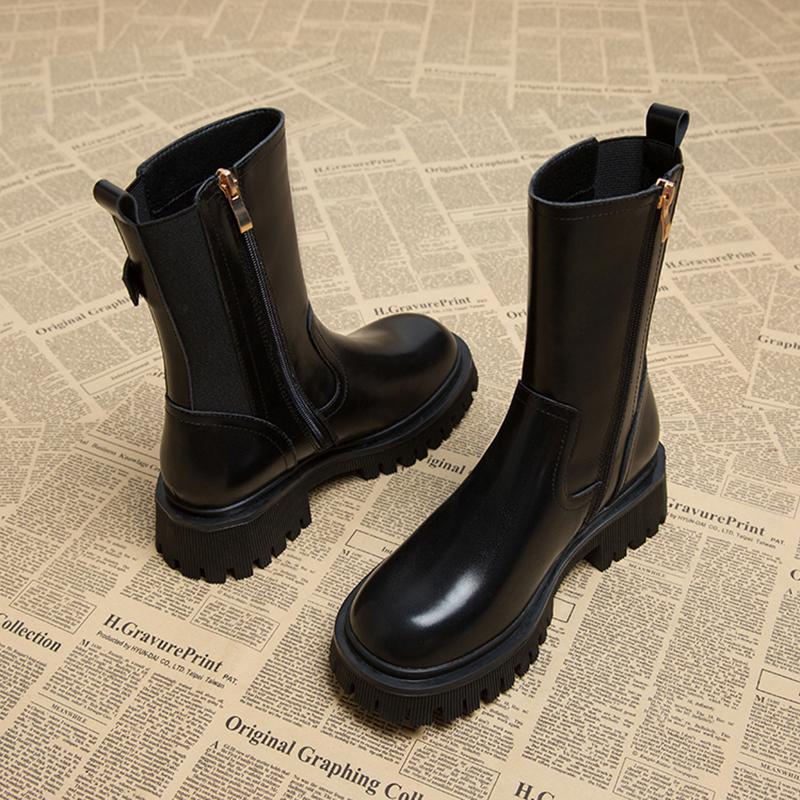 Autumn Winter Women's Chelsea Boots Belt Buckle Side Zippers Female Mid Calf Booties