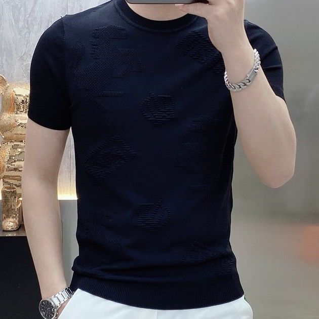 2024 Новый корейский стиль, мода, лето, круглый вырез, мужской однотонный жаккардовый минималистичный трендовый облегающий крой, короткий рукав, футболка, топы L чёрный