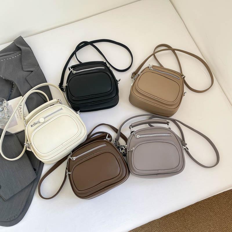 Women Mini Round Leather Handbag Multi Zipper Pockets Top Handle Crossbody Bag Adjustable Strap for Daily Use Ladies' Holiday Gifts