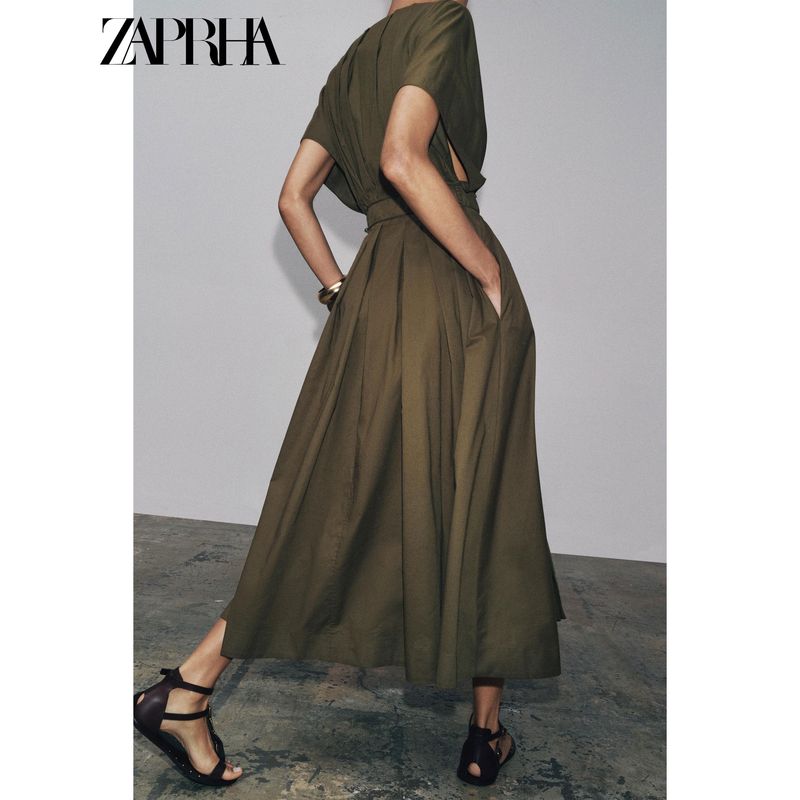 Zaprha 2025 Summer New Fashion Pleated V-neck Drop Shoulder Short Sleeve Waist Hugging Midi Dress 2965260