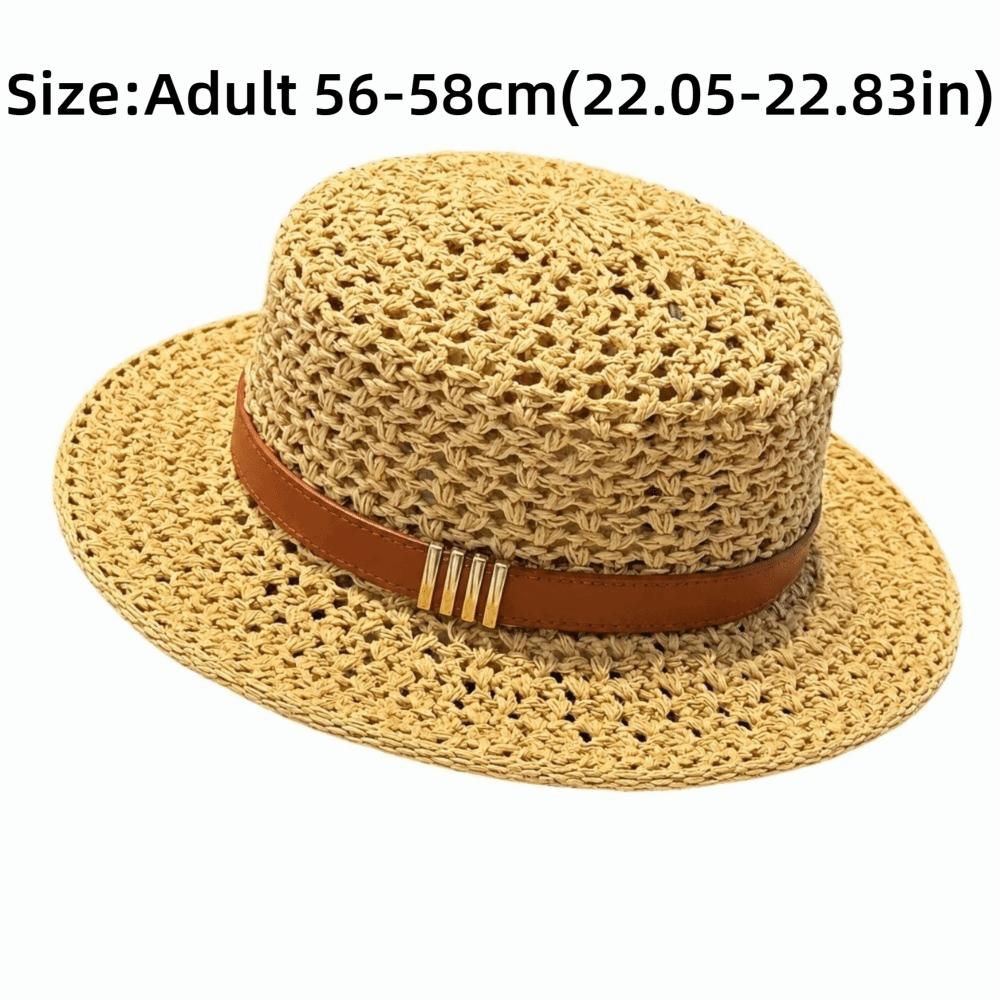 Wide Brim Sunshade Straw Hat Vintage Style Flat Top Straw Hat Mesh Woven Straw Hat  Beach Vacation