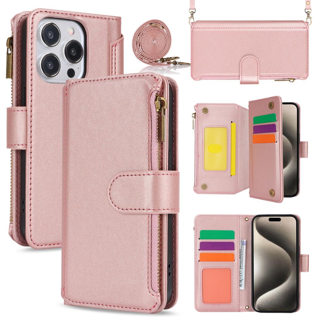 Applicable To iPhone16 Leather Case Samsung S25 Solid Color Multi-card Zipper Wallet Protective Case 15Pro Multi-function Oblique Span
