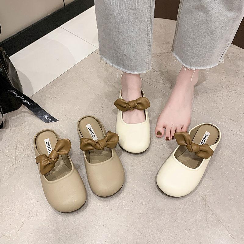 Half slippers female 2025 new spring and summer outer wear fairy style soft flat bottom bag head single shoes French bow sandals