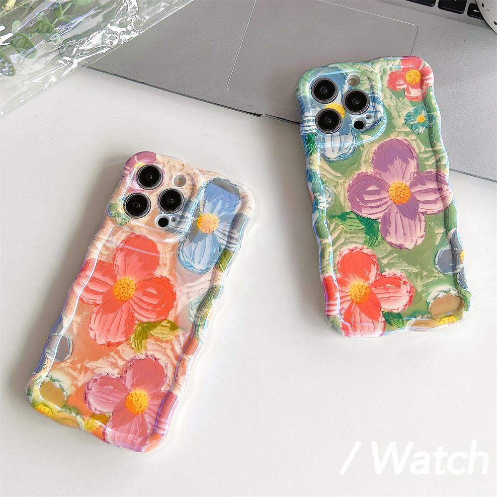 Laser Blue Light Flowers Case For iPhone 15 14 12 13 11 Pro Max Wavy Frame Pattern Camera Protection Shockproof Soft Cover Funda
