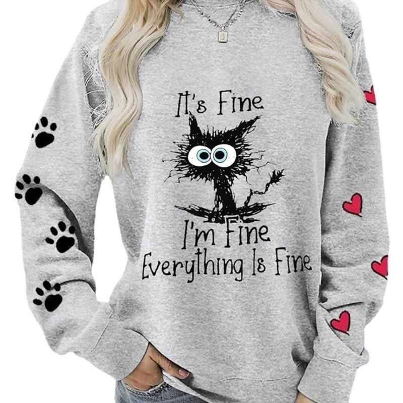 Damen Sportpullover lässig europäische Größe täglich Straße Katzenprint Rundhals plus langärmeliges Sweatshirt