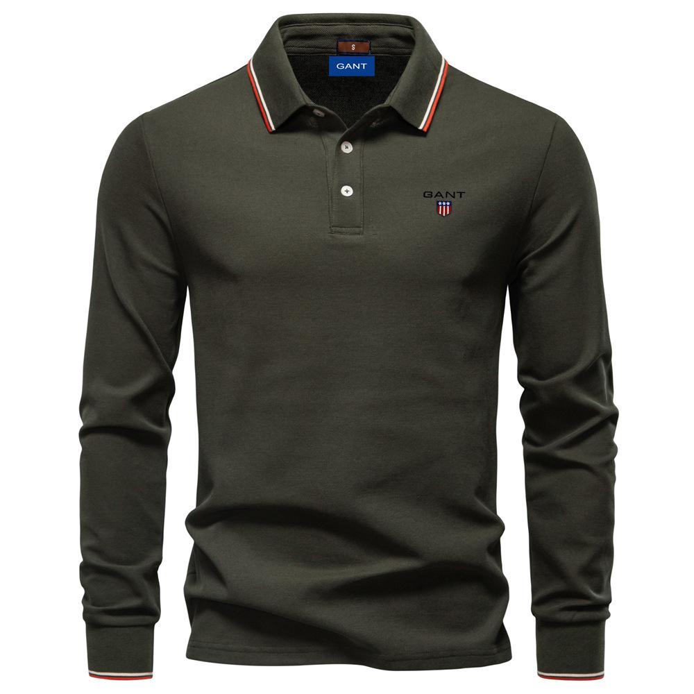 Gant Polo à manches longues pour homme, broderie automne 2025, haut pour homme de couleur unie avec revers, polo polyvalent pour homme