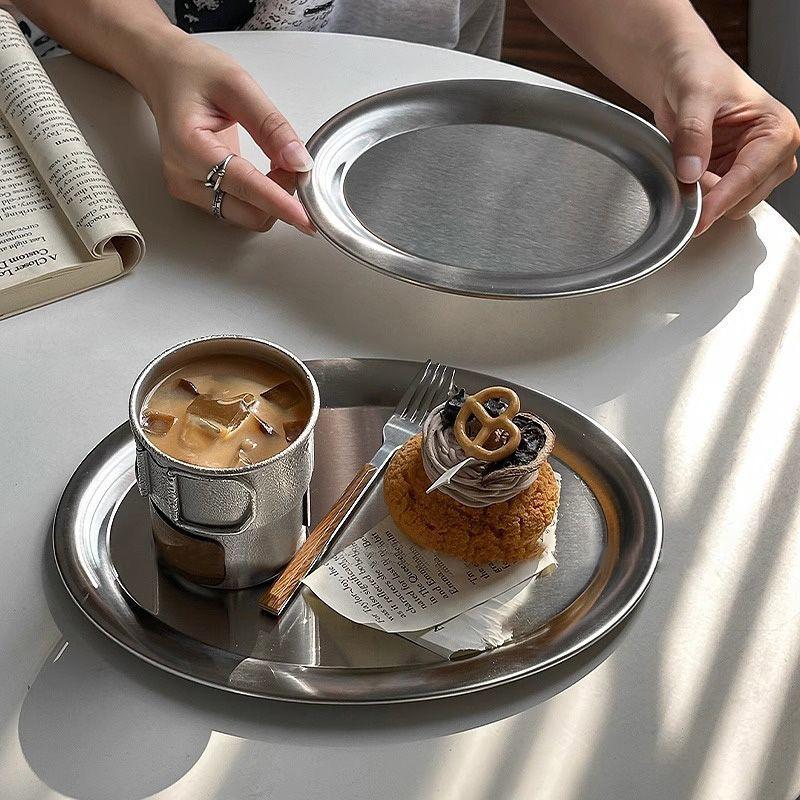 Stainless Steel Oval Plate Korean Style High-value Snack Dessert Tray Household Shallow Dinner Serving Plate for Cafe Cake