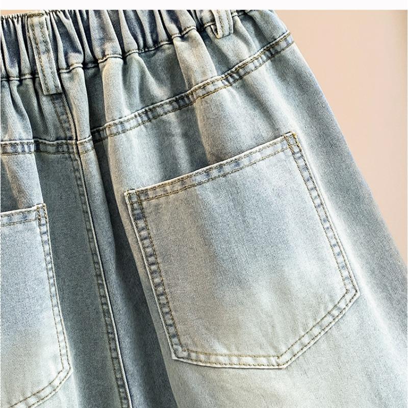 DIMANAF 2026 Summer New Plus Size Women Wide Leg Pants Jeans Shorts Casual Elastic Waist Jeans Pants Denim Cotton Blue