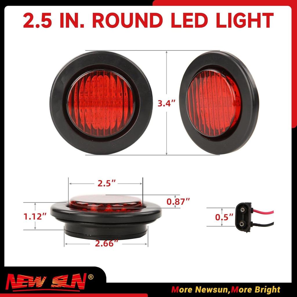 NEW SUN Premium 2.5" Round LED Trailer Lights, 13 Red LEDs Side Marker Lights, Clearance Lights Kits With Grommet & 2-Pin Plug - Universal For