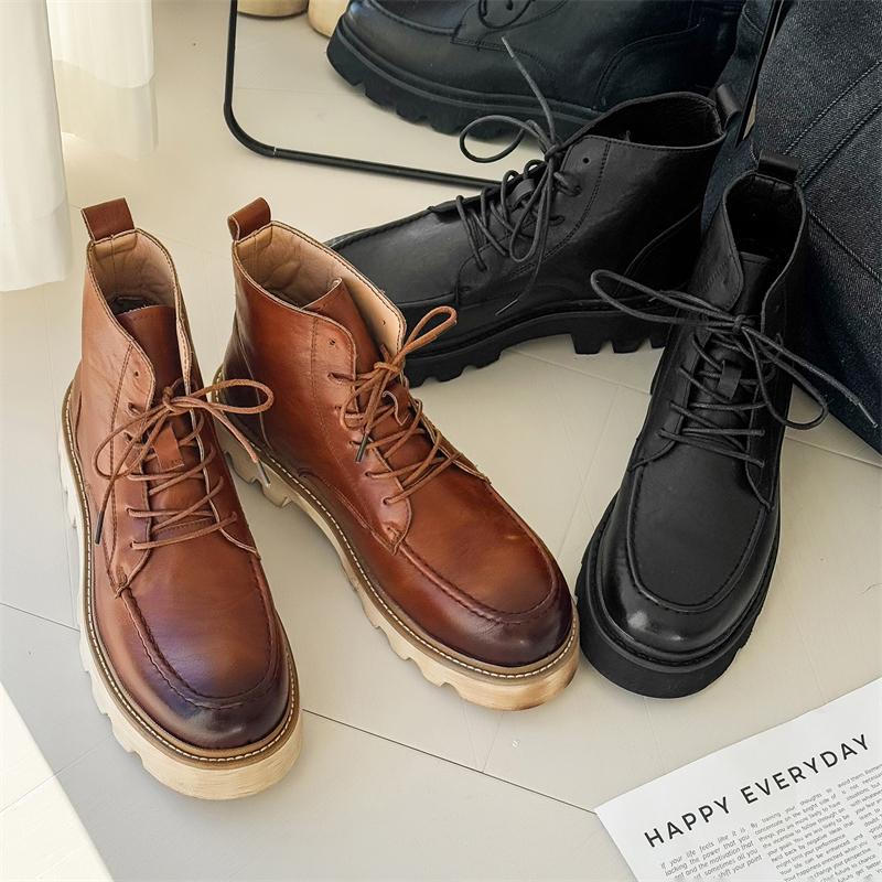 Fashion Men's British Retro Casual Boots Fashion Thick Sole Heightened Work Mens Shoes Lace-up Comfortable Outdoor Flats Oxfords Boots