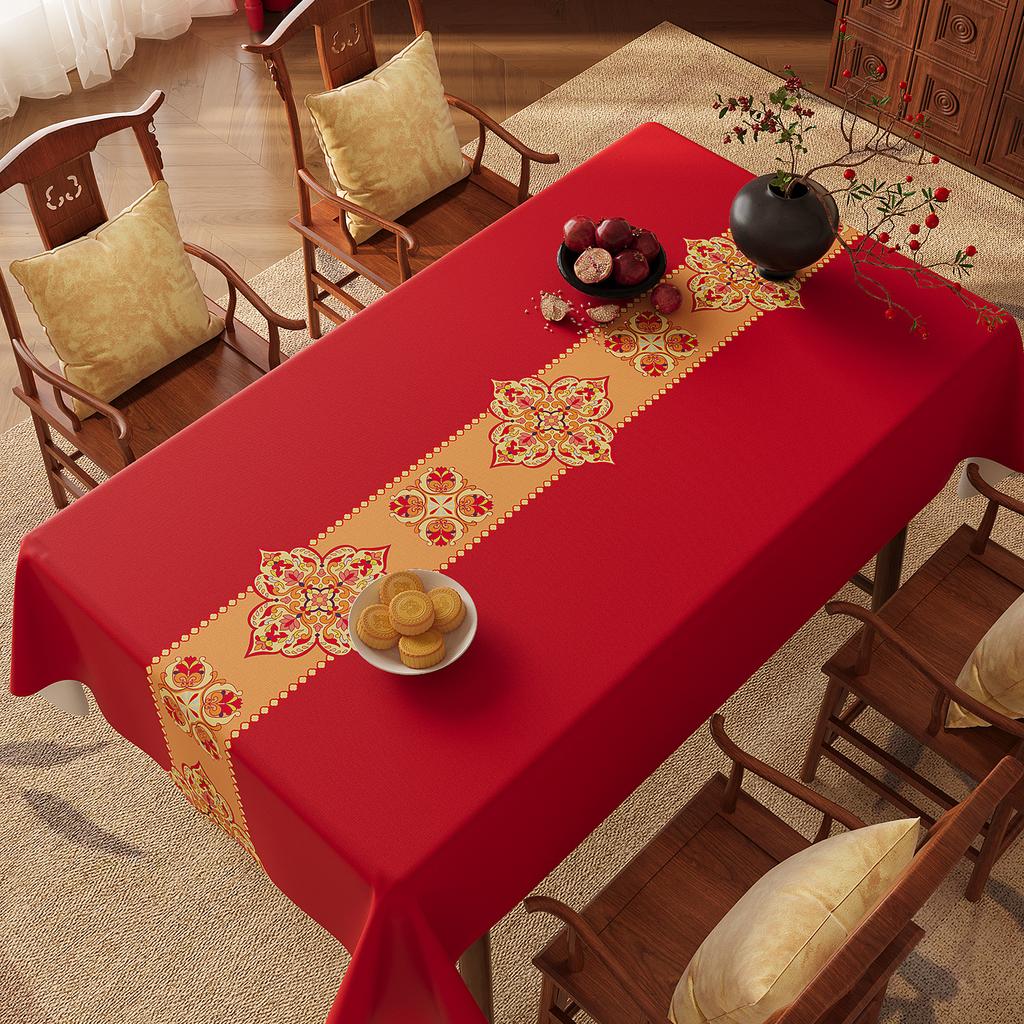 Red New Year'S Tablecloth Waterproof And OilProof LeaveIn Household HighEnd Festive Dining Table Cloth Coffee Table Tablecloth