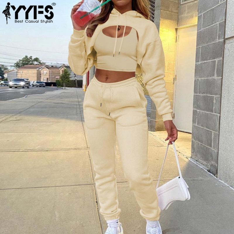 YYFS Women's Fashion Casual Spring Autumn Solid Color Print Long Sleeve Hooded Trousers Pants Suits