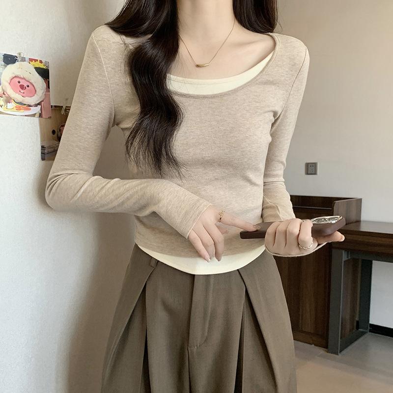 Dvoudílné barevně blokované tričko s dlouhým rukávem pro ženy Na jaro, Nové slim a čisté topy, Spodní prádlo, Základní tričko