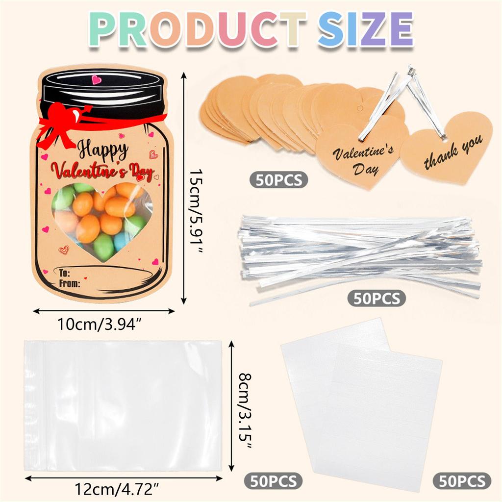 50pcs Candy Jar Valentine Cards Set with Hollowed Heart Shape Perfect For Gatherings School Entertainment Gift Exchange