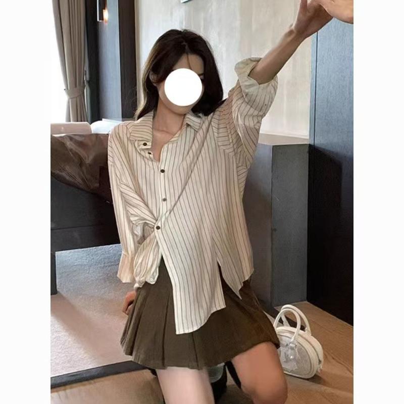 Women Striped Irregular Shirt French Style Loose Lapel Long Sleeved Blouses Autumn Versatile Female Single Breasted Cardigan
