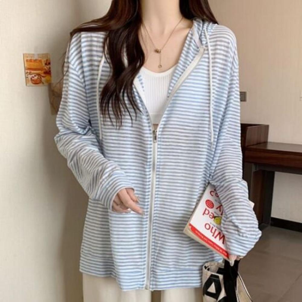 Navava Women Thin Striped Long Sleeve Hoodie Zip Up Nc384