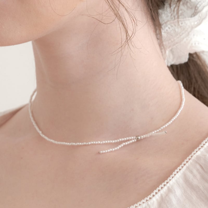 

halden ribbon detail beads pearl ball necklace (N034_white) White