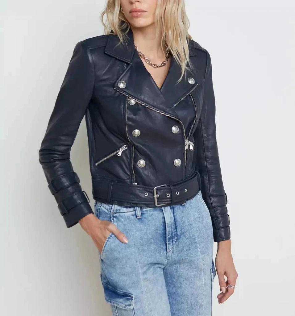 Stylish Women's Navy Blue Jacket Biker Real Lambskin Leather Motorcycle Style