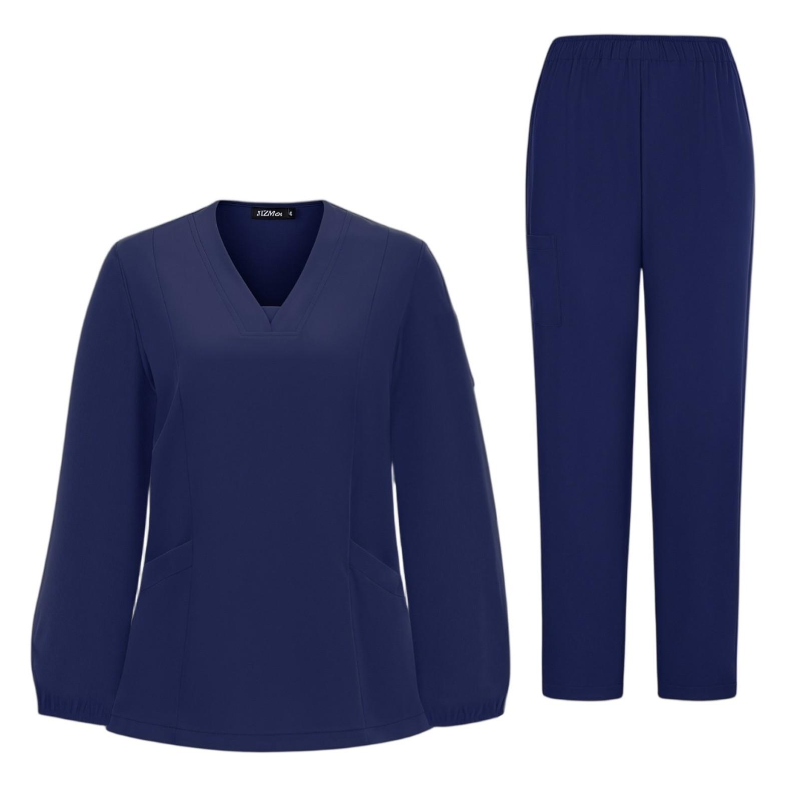 

Women s Quick Drying Fabric Solid Color V-neck Pocket Long Sleeve Pants Set Workwear XL Темно-синій