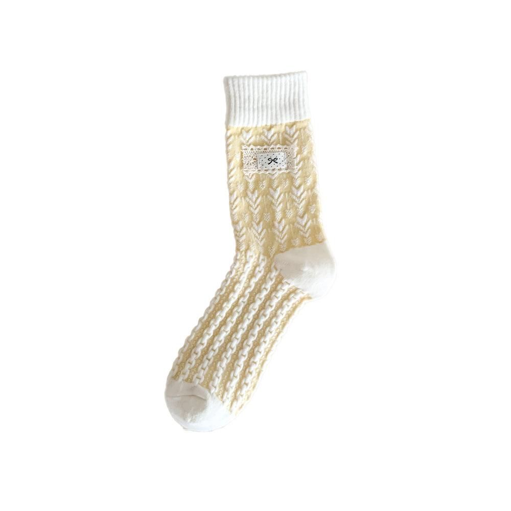 Female Autumn and Winter Thickened Warm Everything with Delicate Cloth Label Bowknot Floor Tube Stack Socks