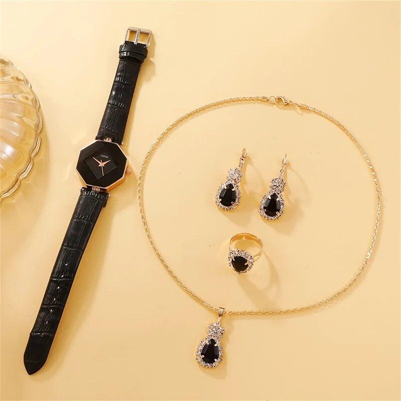 Set 5 Pezzi Orologi Set Lusso Strass Donna Moda Elegante Orologio da Polso Orologio al Quarzo Per Ragazza Signora Orologio Relogio