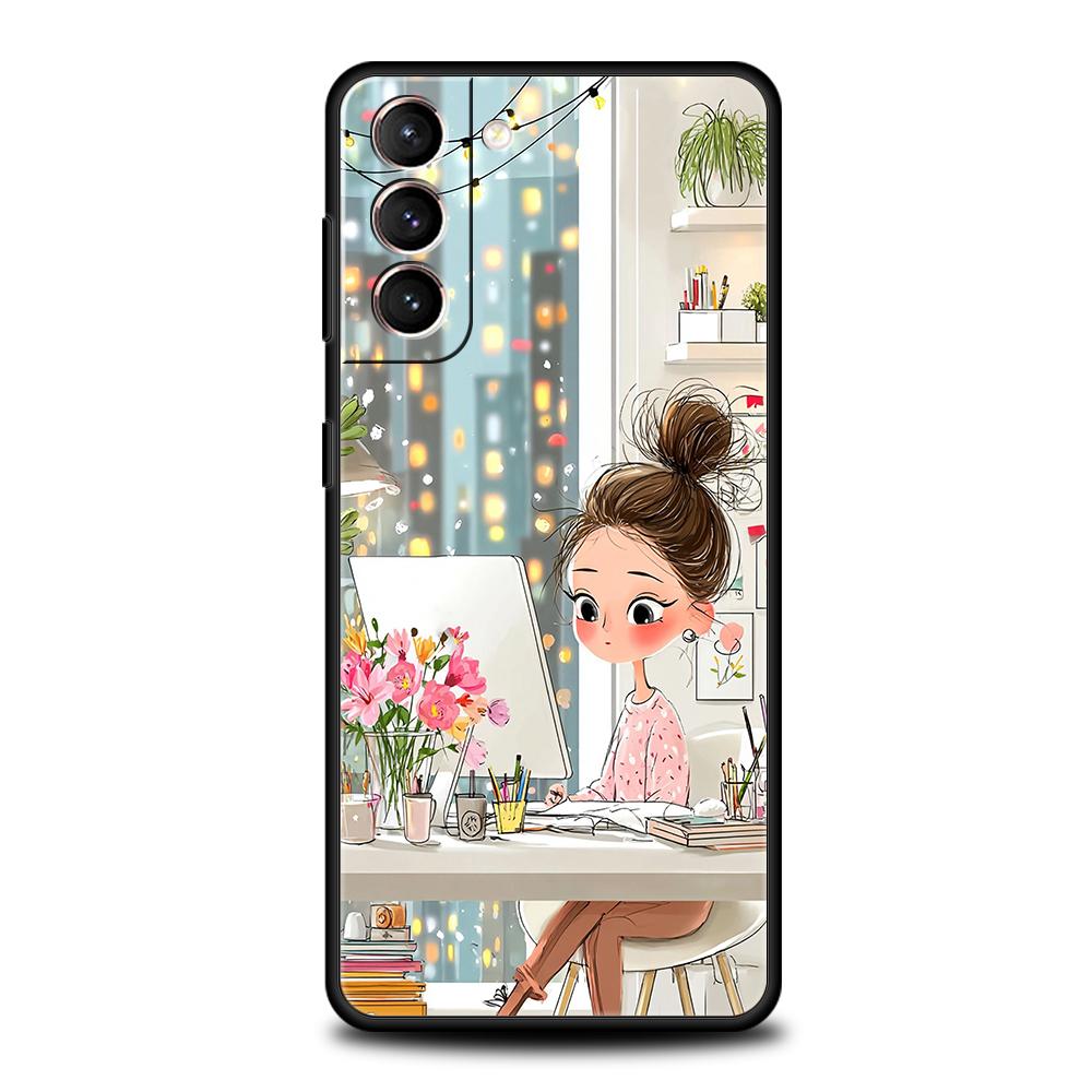 Telefoonhoesje Cover voor Samsung Galaxy S25 Edge S24 S23 S22 S20 S21 FE Ultra S10 S10E Plus 5G Zachte TPU Capas Cartoon Meisje Funda Tas