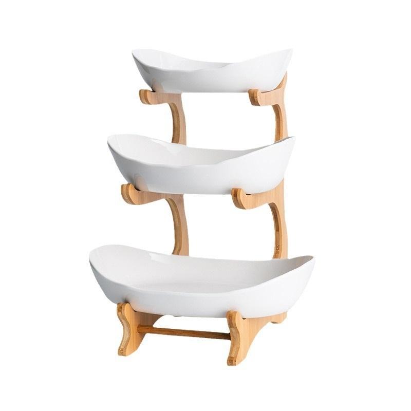 Creative Multi Tier Fruit Bowl European Ceramic Dessert Plate Bamboo Wood Rack Home Candy Bowl Fruit Basket
