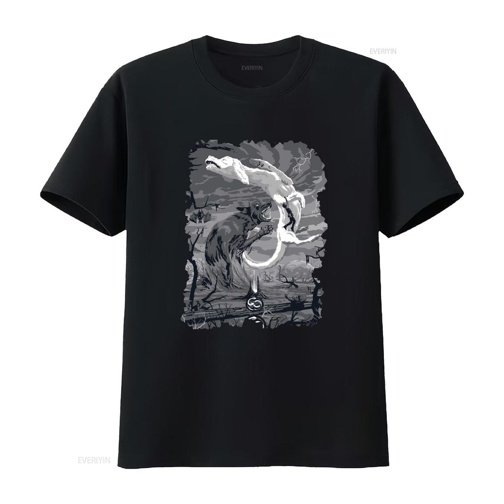 Gothic Dark Fantasy Black White Wolf Print Casual Streetwear T Shirt Vintage Washed Comfortable Top For Everyday Wear Fashion