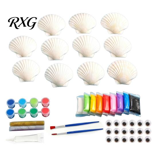 Children Shell Painting Kit 1/2 Sets DIY Craft Kit, with Natural Shells, Modeling Clay, Pigments, Art Glue, Eyes, Handmade Seashell Crafts Supplies