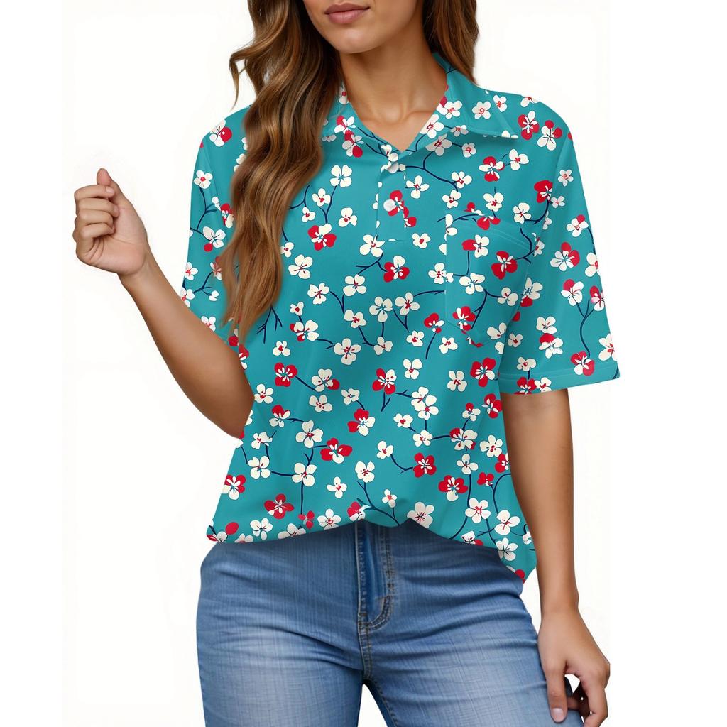 Women's Fashion Casual Button Pocket Shirt Short Sleeve Print Lapel Top