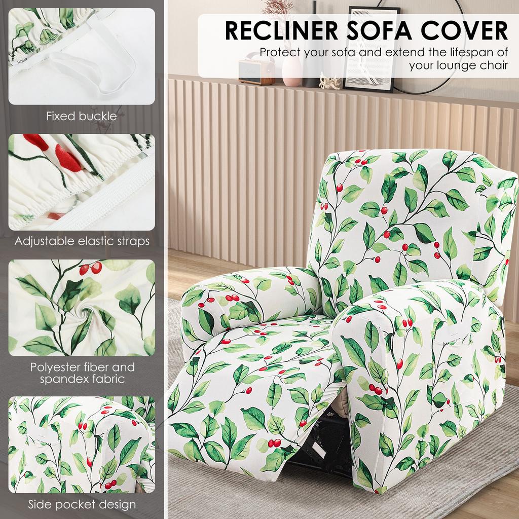 4Pcs Recliner Chair Cover Single Stretch Couch Covers with Side Pockets Non Slip Printed Sofa Protector Decorative Couch Cover
