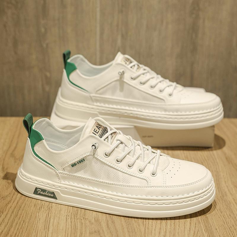 Breathable Men's Flat Bottom Casual Shoes Summer New Style Sporty Trendy White Synthetic Leather Sneakers Rubber Outsole