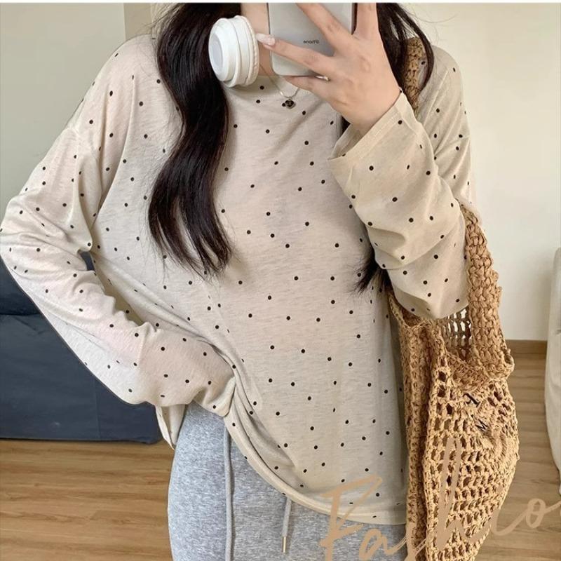 Apricot polka dot print round neck long-sleeved T-shirt for women summer new sweet hottie casual loose thin sun protection top