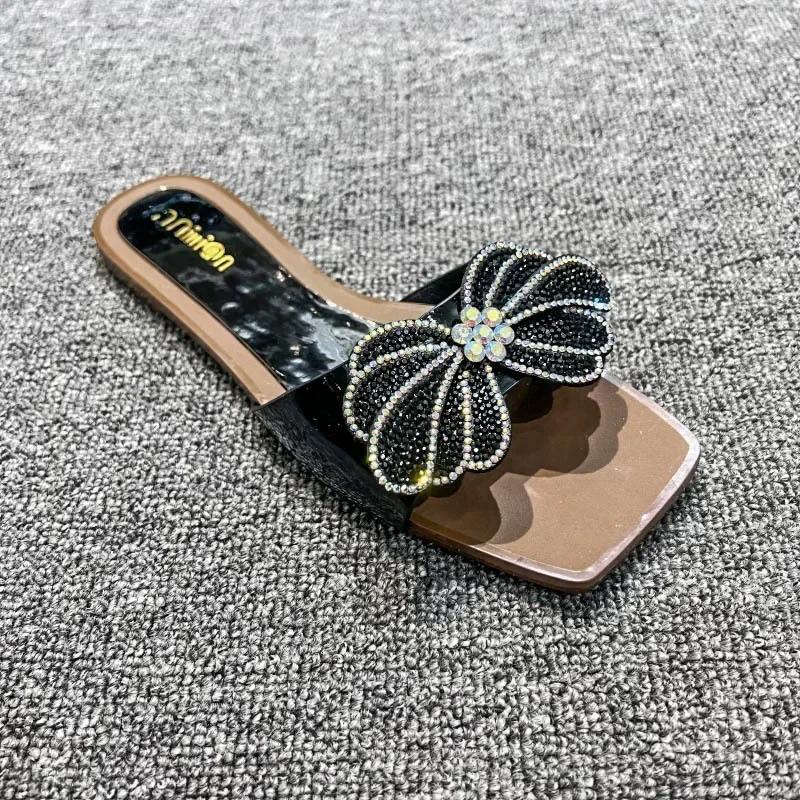 Sandals Women Flip Flops Rhinestone Flat Sandals Ladies Slippers Shoes Female Sqaure Toe Bling Party Sandalias Mujer