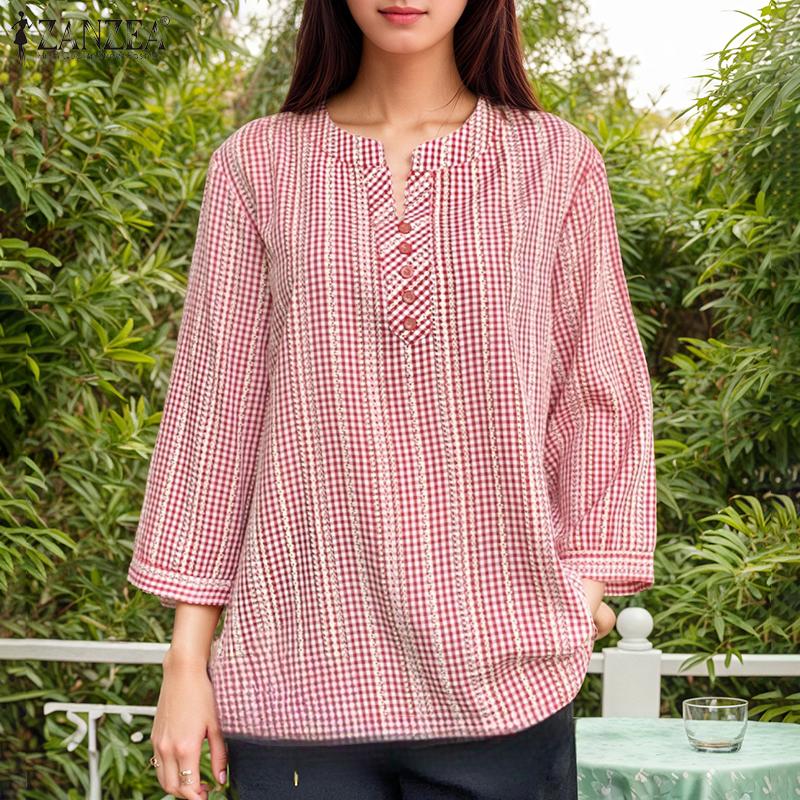 ZANZEA Women Casual Round Neck Grid Print Loose 3/4 Sleeve Blouse