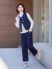Hong Kong Retro Fashion Denim Blue Women's Set: 2025 Spring/Autumn Striped Patchwork Jacket & Wide-Leg Pants Two-Piece