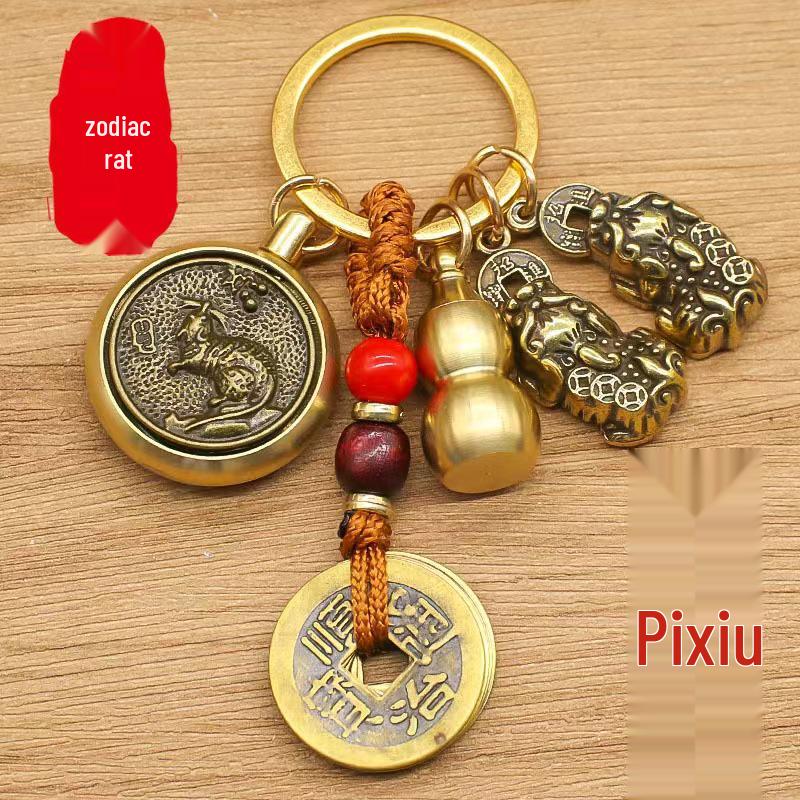Pirinç Burç Meleği Dönen Pixiu Kabak Anahtarlık Kolye