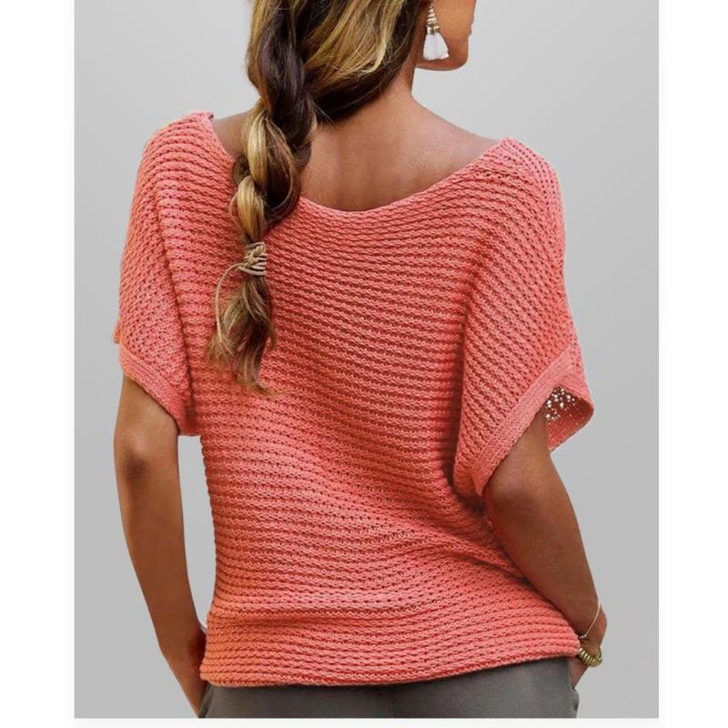 Fashion Casual Crew Neck Solid Color Knitted Sweater Loose Short Sleeve Women's Top