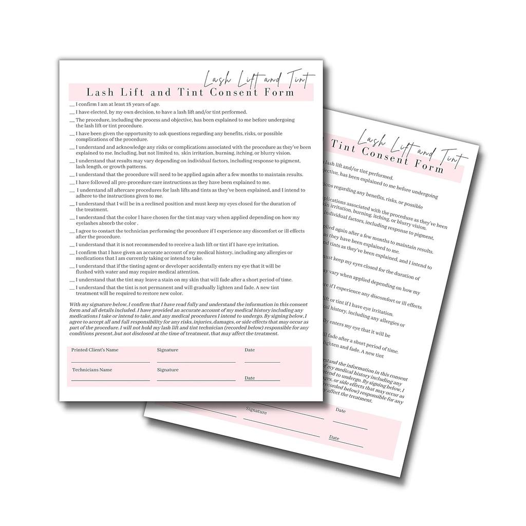 Lash Lift & Tint Consent Form, Intake Form, Aftercare Form | 75 Pack | 8.5x11" inch Paper Size Form | 25 Consent Forms, 25 Client Intake Forms, 25