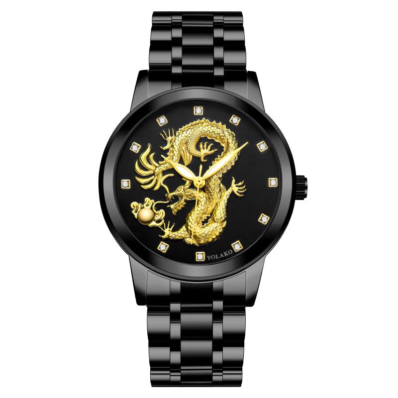 

Chinese style men s watch men s watch non-mechanical watch diamond-encrusted waterproof steel belt quartz watch gold watch dragon watch