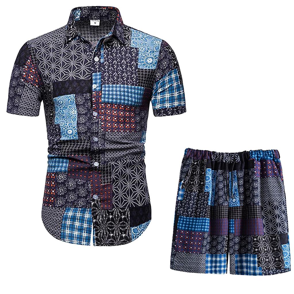 Men’s Summer 2-Piece Beach Printed Short Sleeve Shirts & Shorts Pants Sets