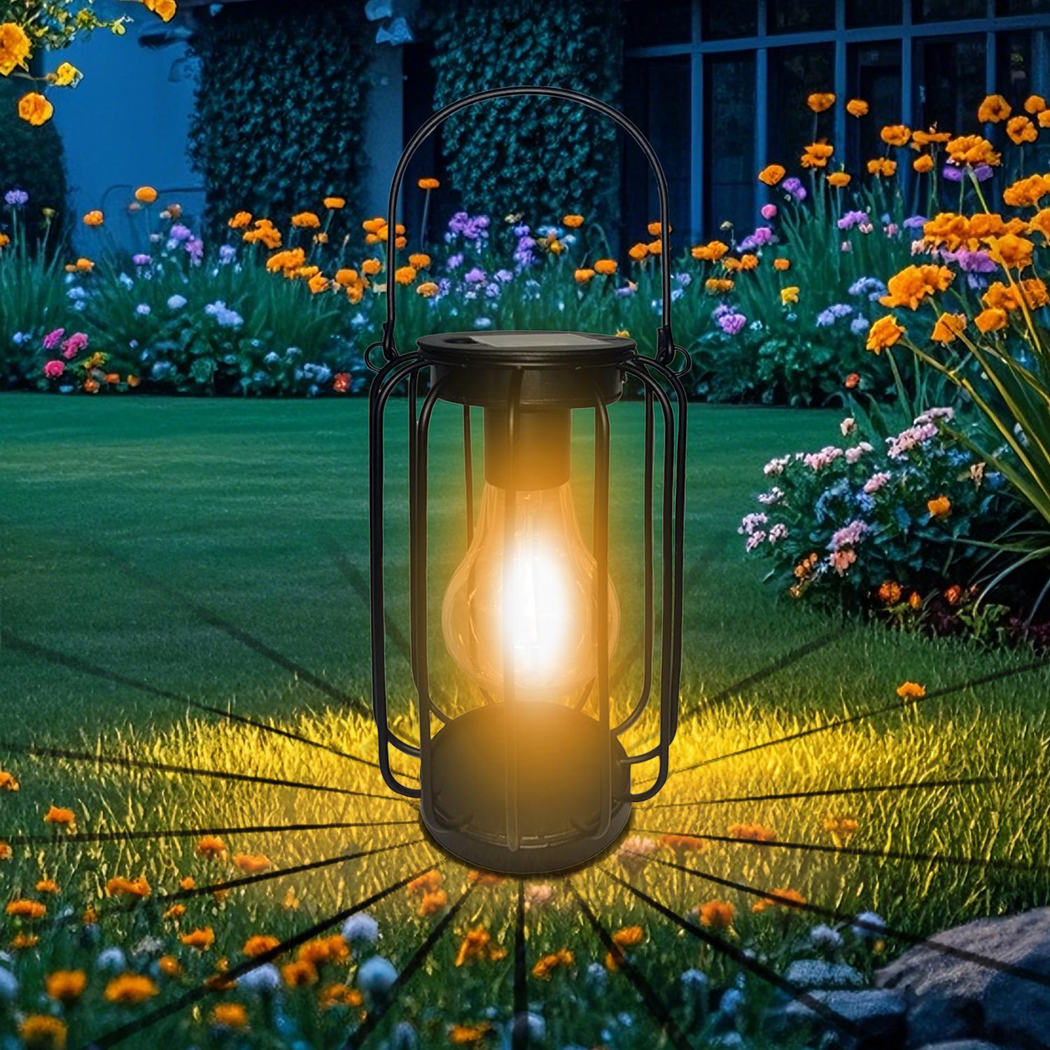 

Solar-powered lantern light, hanging lantern with bulb, suitable for outdoor gardens, patios, lawns, and walkway decorations. 0-5W