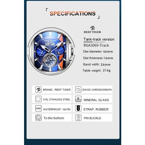 REEF TIGER Men's Tank Track Sport Watch, Automatic, Blue Dial, Tourbillon, Rubber Strap, RGA3069-Track (RGA3069TRACK-YLB)